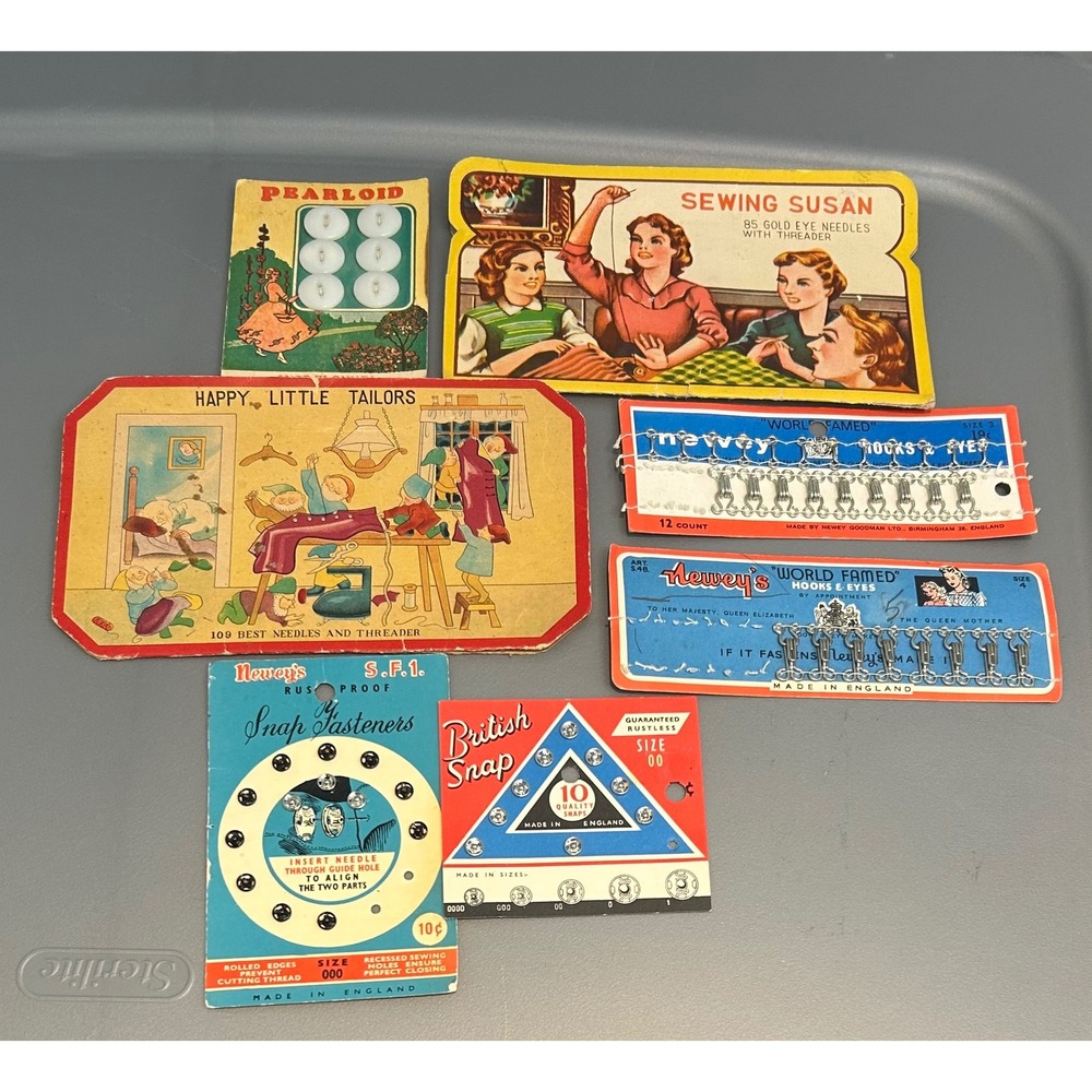 Vintage Sewing‎ Notions Lot Newey Snaps Needles Pearloid Buttons Mid Century 8pc